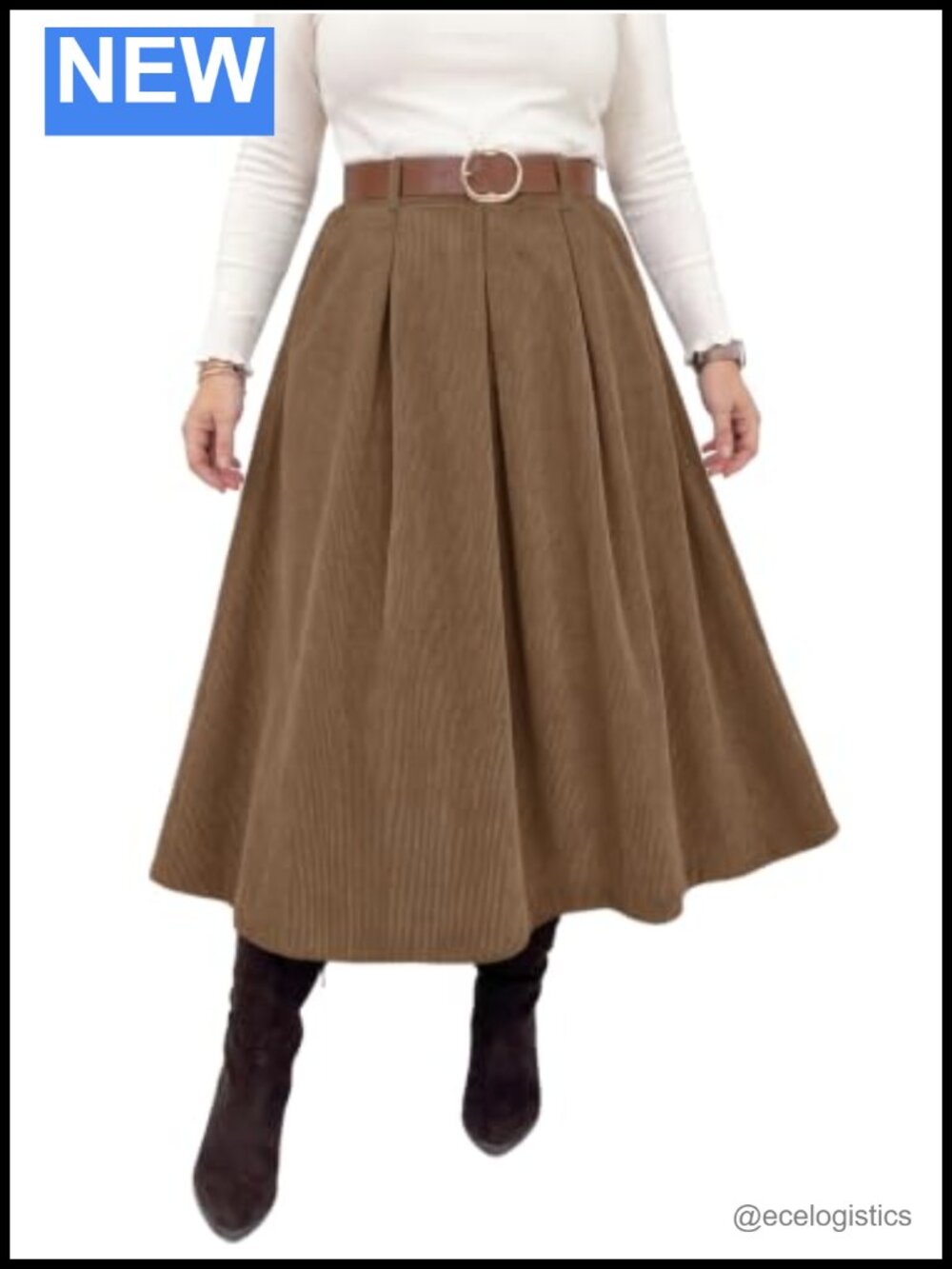 Plus Size Corduroy A-Line Pleated Midi Skirt with Pockets